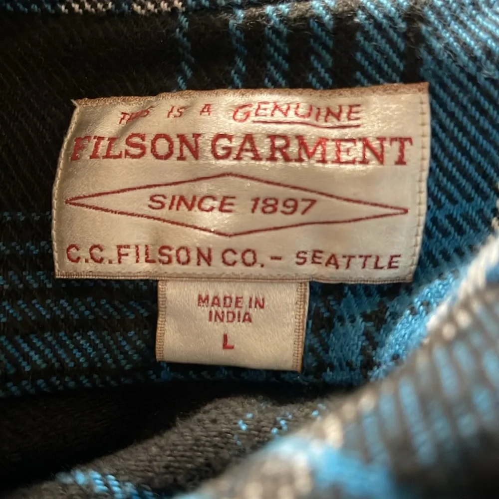 FILSON VINTAGE FLANNEL WORK SHIRT BLUE/BLACK/MULTI PLAID Large